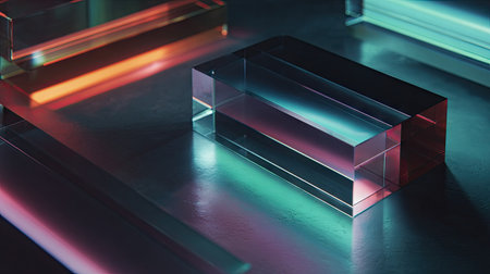 This image presents a close-up view of geometric glass blocks reflecting colorful light. The scene features a modern, clean composition with reflective surfaces in a dark environment, creating depth and visual interest. Suitable for use in design, technology, or abstract visual communication projects.の素材