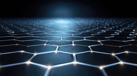 An abstract image presents a dark hexagonal pattern with glowing points of light. The composition features a repeating geometric design in shades of blue and gray. The lighting suggests an industrial or technological environment. Suitable for visual elements related to data, science, or future-oriented concepts.の素材
