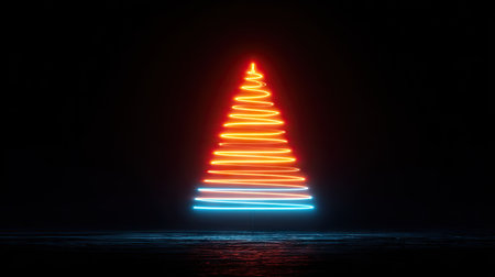 An illuminated Christmas tree composed of vibrant lines is showcased against a dark backdrop. The artwork features a gradient of warm and cool colors, with an emphasis on orange, red, and blue tones. It presents a modern style, ideal for digital art, holiday designs, or conceptual visuals.の素材