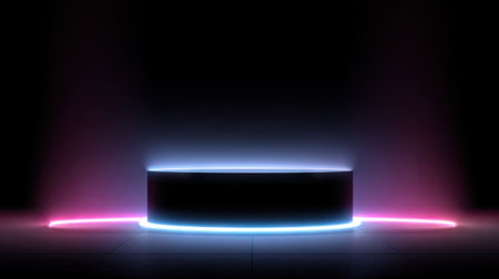 A dark, modern interior features a central, rectangular platform lit by vibrant neon lights. Pink and blue hues create a dramatic contrast, highlighting the shape. This digital rendering suggests a studio setting ideal for showcasing products or concepts, potentially for advertising or promotional uses.の素材
