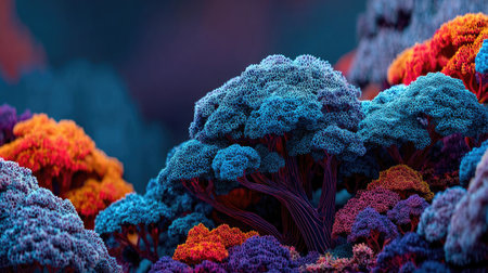 This image showcases a surreal landscape dominated by brightly colored trees and foliage. The composition features a variety of saturated hues, creating a visually striking effect. The style appears stylized and conceptual, suitable for various creative projects. It could be used for illustrations, graphic design, and artistic applications.の素材