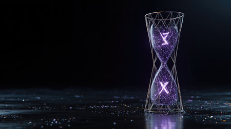 An illuminated hourglass, constructed with a wireframe, dominates a dark scene. The glass interior is filled with violet particles, displaying the letter X on each side. The composition features a stark contrast, with a focus on conceptual themes of time and transformation, making it suitable for various design projects.の素材