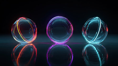 Three luminous spheres are depicted in a studio setting, showcasing colorful neon outlines. The spheres are set against a dark backdrop, creating a high-contrast visual. The polished surface reflects the glowing forms. This imagery could be utilized for various design projects, web graphics, and promotional materials.の素材