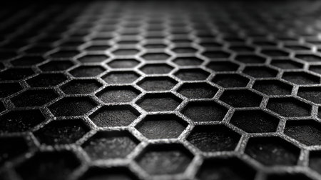 A close-up view presents a repeating geometric pattern composed of hexagonal shapes. The composition showcases a dark color palette with variations of gray and black. The texture appears rough with details highlighted by the overhead lighting. This image could be used for various design projects, including digital backgrounds and textures.の素材