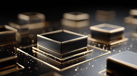 This image features a detailed composition of repeating black and gold geometric shapes set against a dark background. The scene is illuminated with directional lighting that accentuates the textures and metallic finishes. It could be suitable for use in promotional material or in digital design for various commercial purposes.の素材