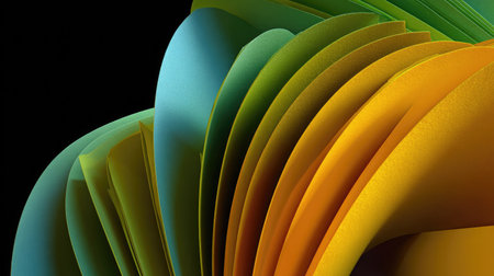 An abstract composition features overlapping curved shapes in shades of green, yellow and blue. The forms are illuminated, creating highlights and shadows. The image showcases a sense of depth and fluidity against a dark backdrop. Suitable for various design projects and visual media.の素材