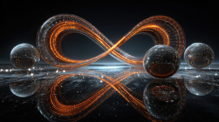 An abstract composition features an infinity symbol illuminated with orange and silver hues. Spherical objects are positioned around the symbol, reflecting light on a dark, reflective surface. The image presents a futuristic concept, potentially suitable for design, technology, or conceptual projects. The scene is illuminated by diffused lighting.の素材