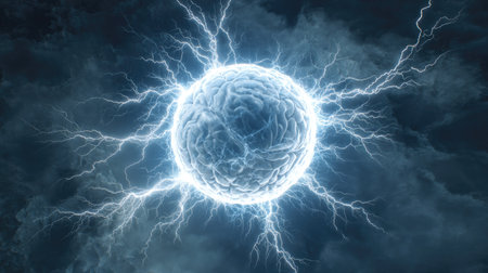 This digital illustration presents a central glowing sphere emanating electric energy discharges. The artwork features predominantly cool tones, with a focus on blues and whites. The composition may be suitable for a range of uses related to science, technology, or creative design projects. The overall style is illustrative and conceptual.の素材