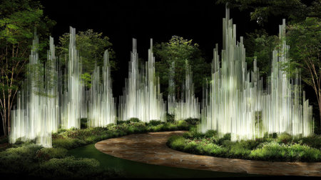 An outdoor nighttime scene showcases an abstract sculpture installation. The composition features vertical illuminated elements, a winding path, and surrounding trees. The lighting creates a dramatic contrast with the dark background. This image is suitable for various commercial purposes, including editorial and marketing visuals.の素材