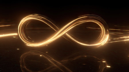 An illuminated infinity symbol is presented against a dark backdrop in this digital rendering. The image showcases a gold-colored, flowing light effect. The composition uses a shallow depth of field, reflecting the symbol on a dark surface. The image is suitable for a range of creative projects.の素材