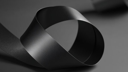 An abstract studio shot showcases a continuous loop of black ribbon against a matching dark backdrop. The composition highlights the material's smooth texture and subtle gradations in light and shadow. Ideal for various creative projects, this image offers potential for use in design, marketing materials, and visual communications.の素材