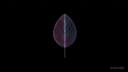 An artistic leaf skeleton is centered against a stark black background. The delicate structure features gradient colors, transitioning from purple to blue. The composition is minimalist, with soft lighting enhancing the textures, perfect for conceptual or design projects. It evokes a sense of nature and design, suitable for various commercial uses.の素材