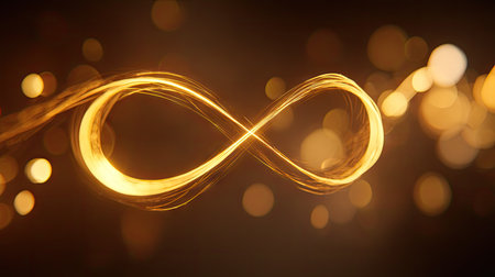 An illuminated golden infinity symbol floats against a dark bokeh background. The image features smooth, glowing lines suggestive of motion and energy, with warm tones and soft focus. Suitable for illustrations and designs related to ideas like eternity or infinite possibilities, for various commercial applications.の素材