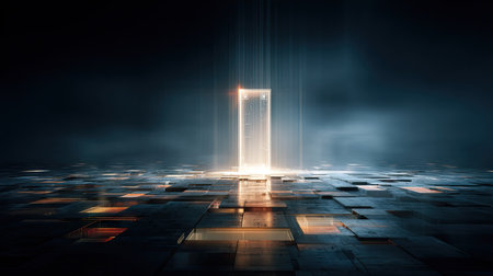 An abstract composition depicts a bright doorway emanating light against a dark background. The floor is covered in a geometric pattern. The scene is illuminated by dramatic overhead lighting, and evokes a sense of mystery. Suitable for conceptual illustrations, design projects, and visual media.の素材