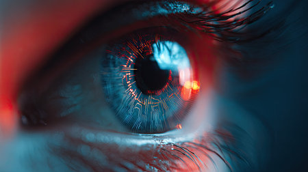 A detailed image showcases a human eye, highlighting a vibrant blue iris. The eye is set against a dark backdrop, emphasizing the intricate details of the iris and eyelashes. Red and blue tones create a dramatic effect. This image could be used for scientific, medical, or artistic purposes.の素材