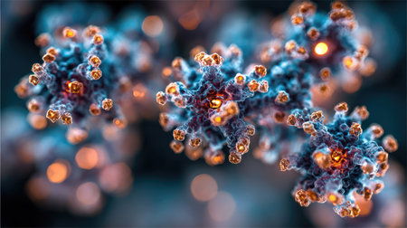This image showcases an abstract depiction of intricate microscopic structures. The composition features various forms with vibrant blue and orange hues, creating a visually compelling display. The artwork is enhanced with a blurred background, suggesting a deep field. This image is suitable for scientific visualizations, educational materials, and conceptual designs.の素材