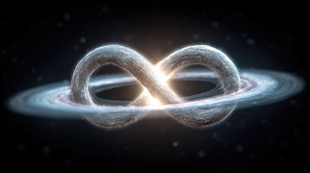 An abstract representation features an infinity symbol set against a cosmic backdrop. It includes swirling galaxies with a central light source. The image has a digital art style. This design may be suitable for science, technology, or creative projects. The composition uses a dark, atmospheric setting.の素材