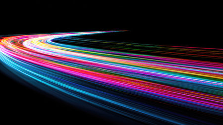 This image features dynamic light trails curving gracefully across a dark backdrop. The composition showcases a spectrum of vibrant colors, including blue, red, yellow, and green. The style appears abstract, with long exposure effects creating streaks. Ideal for use in design projects, advertising, or as visual elements.の素材