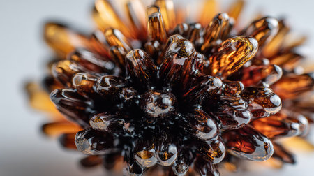 This macro photograph presents an abstract arrangement of a crystallized substance, primarily showcasing shades of amber. The glossy surface reflects light, revealing intricate details and textures. The composition is likely created indoors, potentially for scientific or artistic purposes, and suitable for commercial applications.の素材