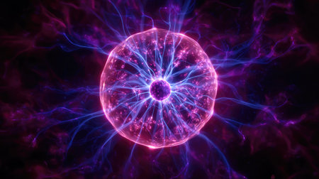 An illuminated plasma sphere dominates the image, featuring vibrant pink and blue hues. The composition showcases dynamic energy bursts extending outwards from the central core. The stylized visual suggests a scientific concept, well-suited for conceptual or educational materials. The dark backdrop enhances the visual impact, offering potential applications in diverse media.の素材