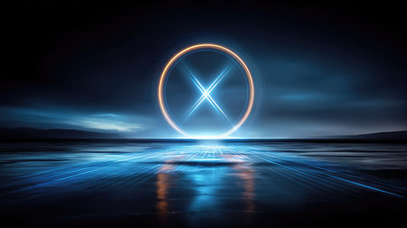 An abstract composition features a glowing neon ring with a cross shape inside. The scene is illuminated by blue and orange light, creating a futuristic ambiance. Reflections on a blurred surface add depth. The image's clean lines and modern aesthetic make it suitable for various commercial applications.の素材