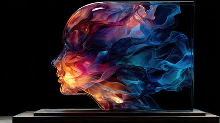 An abstract artwork features a profile silhouette filled with vibrant, swirling colors resembling smoke or energy. The composition showcases dynamic movement and contrast against a dark backdrop. Ideal for creative projects, the image has potential for commercial applications in advertising and design.の素材
