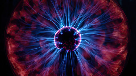 An electric plasma sphere displays dynamic blue and red energy strands, creating an abstract and visually arresting composition. The image exhibits a central core with radiating lines, suggesting contained power. Suitable for scientific visualizations, technological concepts, and design projects, the image has potential for commercial applications.の素材