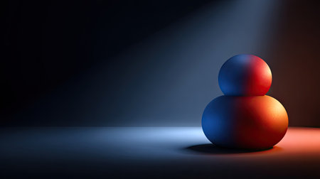 Two spheres rest in a dark environment illuminated by contrasting blue and orange light. The composition features a gradient effect on the forms, suggesting volume. The background is blurred, and the style is modern. This image could be used for various design projects and visual content.の素材