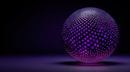 A digital rendering presents a purple sphere with a repeating dot pattern. The object is illuminated by a subtle light source, creating highlights and shadows. The composition suggests a digital or futuristic environment, suitable for various design projects and visual content. It could be used for backgrounds or thematic elements.の素材