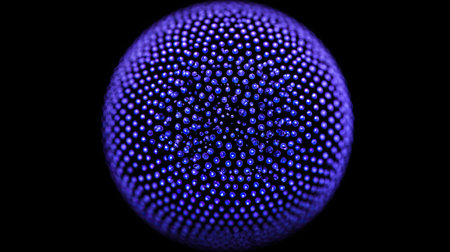 An abstract image presents a spherical form composed of numerous purple dots. The composition features a dark background, creating contrast and highlighting the intricate structure. The visual style suggests digital art or a scientific visualization suitable for various design projects and editorial uses.の素材