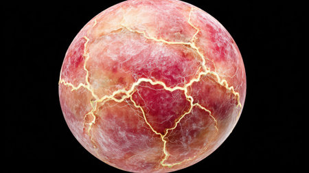 An abstract image showcases a textured red sphere marked by a network of illuminated cracks, set against a stark black backdrop. The composition suggests an otherworldly object with warm red hues and glowing yellow lines, implying potential power or damage, suitable for various editorial and commercial projects.の素材