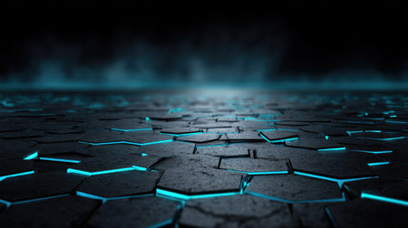 An artistic image presents a futuristic design featuring a geometric pattern composed of teal blue-edged hexagons. The contrasting dark background and low-angle perspective create a sense of depth and mystery. Suitable for use in web design, graphic projects, technology, and science-related visuals, it offers a modern look.の素材