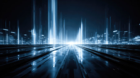 This image presents an abstract cityscape with radiant vertical lines and beams of light. The composition features a low-angle perspective, emphasizing depth and a futuristic atmosphere. The color palette primarily uses cool blues, suggesting a technological or digital environment. Suitable for conceptual illustrations or designs related to technology.の素材