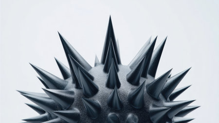 An artistic representation shows a metallic sphere covered in sharp, pointed protrusions. The object, rendered with a gradient effect, is set against a plain, neutral background, emphasizing its texture and form. This image is suitable for a variety of uses, including graphic design, educational materials, and conceptual art projects.の素材