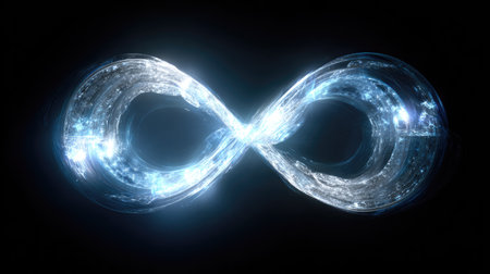 An illuminated infinity symbol glows against a dark backdrop. The visual features shades of blue and white, with a glassy or liquid texture. The composition suggests a three-dimensional form. This image could be used for various design projects, web graphics, or symbolic representations of concepts.の素材