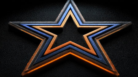 An artistic representation features a layered star with a metallic color scheme. The composition highlights a geometric design with blue, orange, and gray hues. This image presents a modern aesthetic, suitable for various design projects and visual communication tasks. Its versatility makes it appropriate for commercial and editorial purposes.の素材