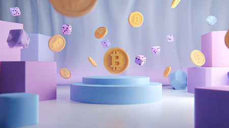 A 3D rendering presents a conceptual scene featuring Bitcoin coins and dice seemingly suspended in mid-air above a platform. The composition utilizes pastel colors, geometric shapes, and a soft lighting, suggesting a studio environment. This image is suitable for illustrating themes related to finance, investment, and digital currency in various commercial contexts.の素材