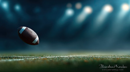 An American football is suspended mid-air above a green playing field, captured in dramatic lighting. The image showcases a close-up perspective with a shallow depth of field, emphasizing the ball. Overhead stadium lights create bright spots against the dark, blurred background. Suitable for sports publications and commercial projects.の素材