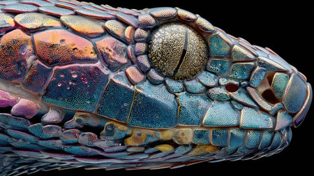 A close-up captures a snake's head, showcasing vibrant scales in shades of blue, orange, and purple. The detailed texture and the focused eye create a striking contrast against the dark backdrop. This image may be suitable for illustrating natural history, wildlife, or design concepts, offering versatile application options.の素材