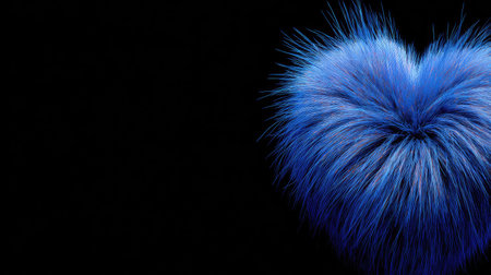 A close-up captures a stylized heart shape crafted from vibrant blue fur set against a deep black background. The fluffy texture and rich color contrast dramatically. This composition showcases a soft, textural element, suitable for various design applications including decorative art, and abstract visuals.の素材