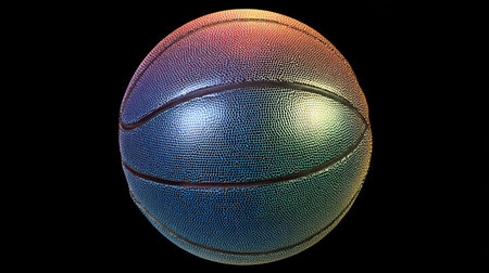 A close-up view presents a basketball with a multi-colored gradient. The ball exhibits a textured surface with the typical panel stitching. The background is a solid black, suggesting a studio setting or isolation. This image may be suitable for athletic promotions, design projects, and educational materials.の素材