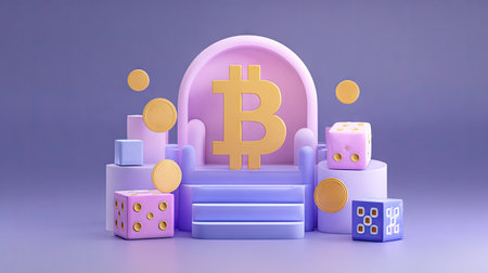 An illustration features a golden bitcoin symbol seated on a throne, surrounded by dice and coins. Soft pastel colors and stylized design create a playful, almost surreal, look. The composition uses a centralized perspective, with soft lighting and highlights. This image can be used for financial technology, digital currency and investment themes.の素材