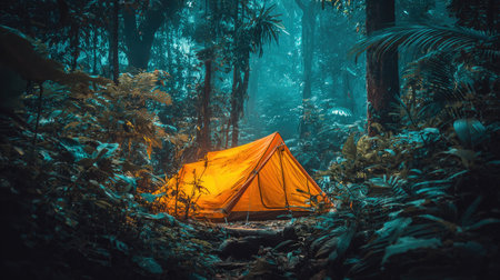 An illuminated orange tent stands amidst a dense, verdant forest, possibly during evening hours. The image showcases rich green foliage and natural lighting. This composition could be used for various commercial projects related to outdoor activities, travel, and adventure or editorial purposes.の素材