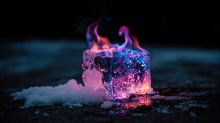 An ice cube is engulfed in vibrant flames and smoke, set against a dark backdrop. The composition highlights the contrasting elements of fire and ice, with rich hues of blue, purple, and orange. This striking image could be used for conceptual projects, scientific illustrations, or artistic purposes.の素材