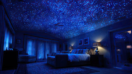 An interior bedroom showcases a dark blue starry ceiling, creating a celestial ambiance. The room features a bed, lamps, and other furniture. The lighting is soft and subdued, creating a peaceful atmosphere. This image might be suitable for editorial content, interior design, or conceptual projects.の素材