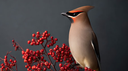 A cedar waxwing is perched on a branch laden with red berries, set against a dark, contrasting backdrop. The bird displays brown and tan plumage with a distinctive crest and eye mask. The scene is illuminated, highlighting the textures of the feathers and berries. Suitable for various editorial and commercial applications.の素材