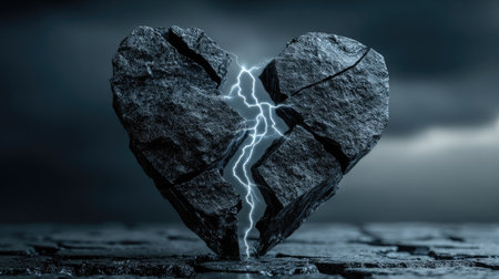 A heart-shaped stone is depicted fractured, with a bolt of lightning illuminating the crack. The image displays a dramatic dark blue and gray color palette. It suggests a concept of damage or transition. Suitable for commercial purposes, this image evokes emotional themes.の素材