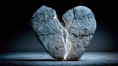 Two halves of a stone heart are separated by a crack with bright light, set against a dark, blurred backdrop. The composition is highly detailed, emphasizing textures and shadows. Suitable for use in conceptual designs, illustrations, and various commercial or editorial projects. The image evokes feelings of loss and separation.の素材