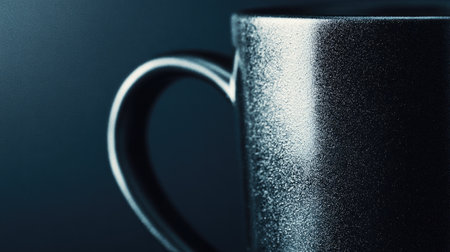 This image showcases a black coffee cup against a dark, contrasting background. The cup features a prominent handle and textured surface. The composition uses selective focus, highlighting the form and shape. This image could be used for various purposes including advertising or editorial content about beverages.の素材