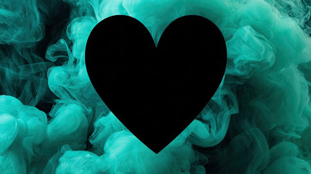 A dark heart shape is centered against a swirling backdrop of teal-colored smoke. The contrast of the black form with the bright, textured smoke creates a dynamic and visually engaging composition. This imagery could be employed in various design projects requiring a bold and creative aesthetic, suitable for both commercial and editorial purposes.の素材